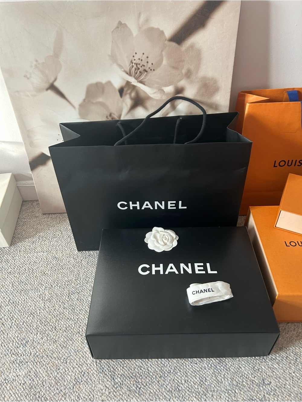 AUTHENTIC CHANEL Black and White Gift Packaging Set with Camellia